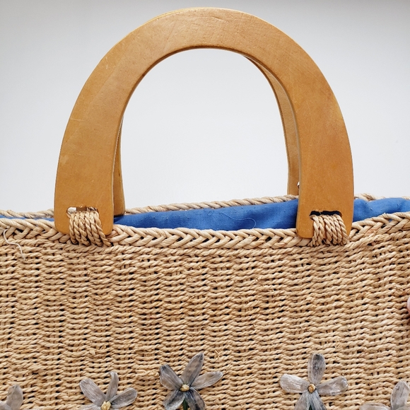 Cornhusk floral bag, wood handles, lined - Picture 6 of 16